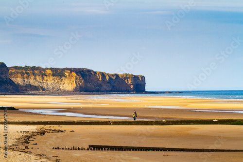 Cliffs and beach on Omaha beach in Normandy, France