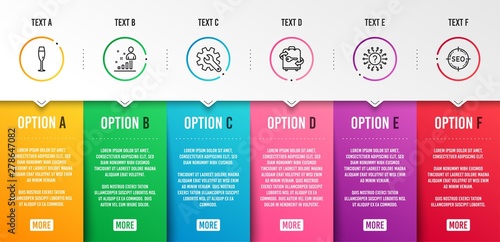 Stats, Champagne glass and Customisation icons simple set. Question mark, Luggage and Seo signs. Business analysis, Winery. Infographic template. 6 steps timeline. Business options. Vector