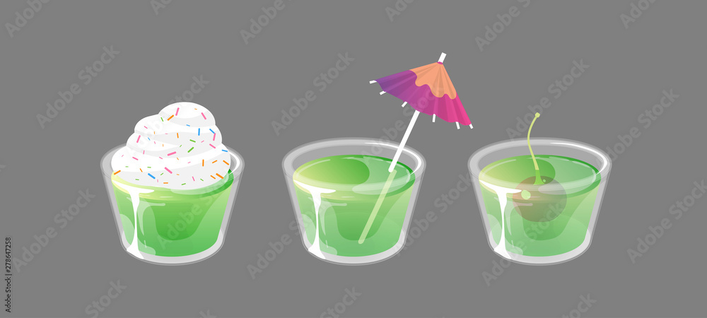 Set of jelly shots with cream, cocktail umbrella and cherry on top. Fresh sweet drink ads concept. Vector collection isolated on gray background.