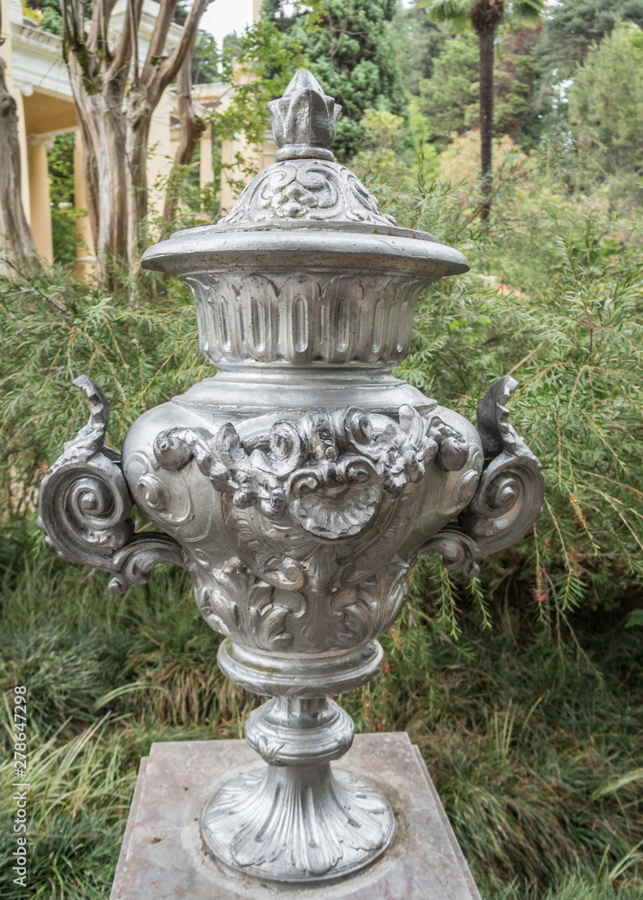 Decorative vase with patterns. Park Arboretum. Russia Sochi 06 23 2019