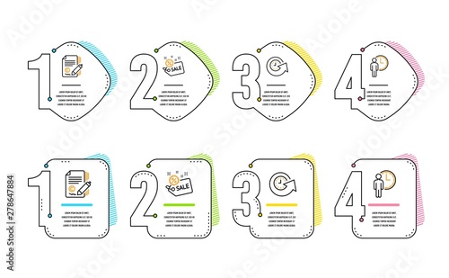 Sale, Update time and Copywriting icons simple set. Waiting sign. Shopping tag, Refresh watch, Ð¡opyright signature. Service time. Infographic timeline. Line sale icon. 4 options or steps. Vector