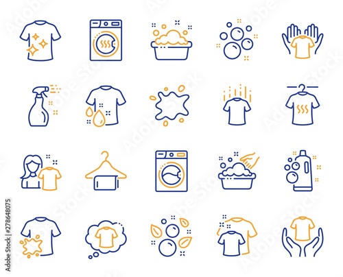 Laundry line icons. Dryer, Washing machine and dirt shirt. Laundromat, hand washing, soap bubbles in basin icons. Dry t-shirt, laundry service, dirty smudge spot. Clean clothes. Vector