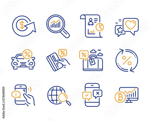 Call center, Report and Car leasing icons simple set. Data analysis, Dollar exchange and Heart signs. Travel loan, Loan percent and Credit card symbols. Line call center icon. Colorful set. Vector