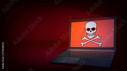 Red laptop screen with skull, virus, malware, hacker attack