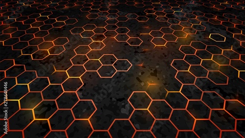 Abstract dark background with orange luminous hexagons, honeycombs