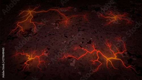 Dark background with red cracks in the ground, faults with magma, power