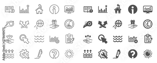 Waves, sun, efficacy line icons. Customisation, Global warming, Question mark icons. Signature Rfp, Information, Efficacy. Waves, Consolidation, Operational excellence. Question mark, whistle. Vector