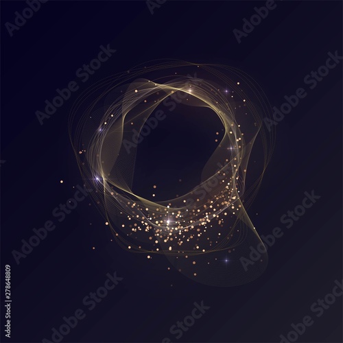 Wavy round gold frame, shining ring with sparks