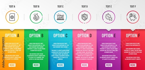 Hot loan, Sound check and Timer icons simple set. File management, Spanner and Bitcoin coin signs. Discount offer, Dj controller. Technology set. Infographic template. 6 steps timeline. Vector