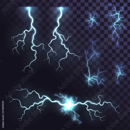 Set of vector lightnings on a transparent background, thunderstorm, electrical discharge, electricity