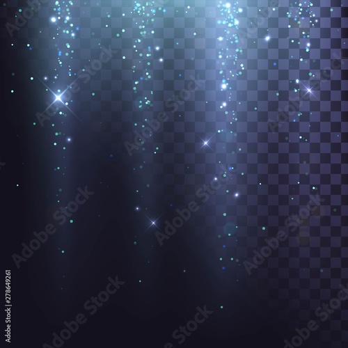 Light effect on a transparent background, falling blue sparks, light from above
