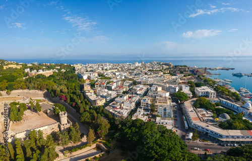 Aerial birds eye view drone photo Rhodes city island, Dodecanese, Greece. Panorama with ancient old fortress and Palace of the Grand Master of the Knights. Famous tourist destination in South Europe © oleg_p_100