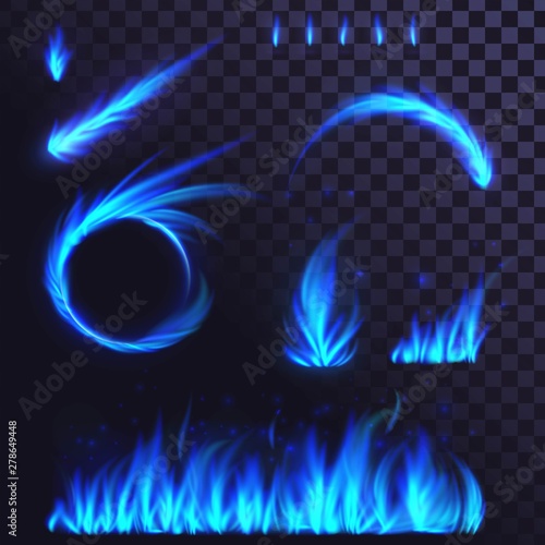 Set of blue fire elements, ring of fire, fireball, flames, bonfire