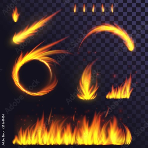Set of fire elements, ring of fire, fireball, flames, bonfire