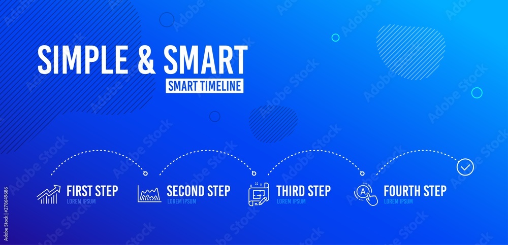Infographic timeline. Trade chart, Demand curve and Architect plan icons simple set. Ab testing sign. Market data, Statistical report, Engineering plan. A test. Science set. 4 steps layout. Vector Infographic timeline. Trade chart, Demand curve and Architect plan icons simple set. Ab testing sign. Market data, Statistical report, Engineering plan. A test. Science set. 4 steps layout. Vector