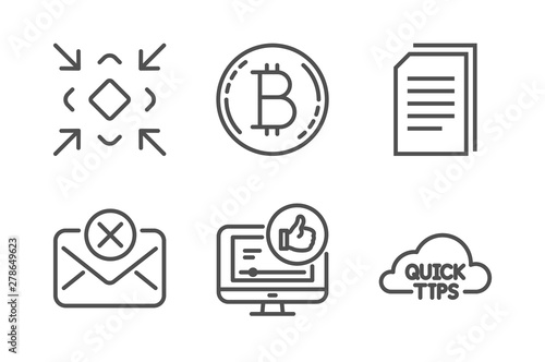 Like video, Reject mail and Copy files icons simple set. Bitcoin, Minimize and Quick tips signs. Thumbs up, Delete letter. Technology set. Line like video icon. Editable stroke. Vector