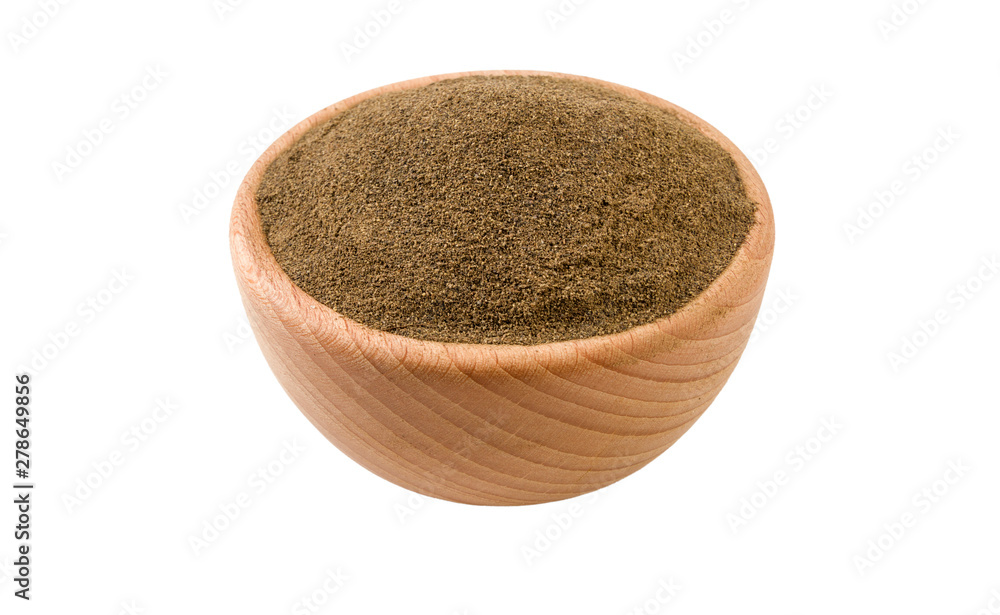 milled or ground black pepper in wooden bowl isolated on white background. 45 degree view. Spices and food ingredients. milled or ground black pepper in wooden bowl isolated on white background. 45 degree view. Spices and food ingredients.
