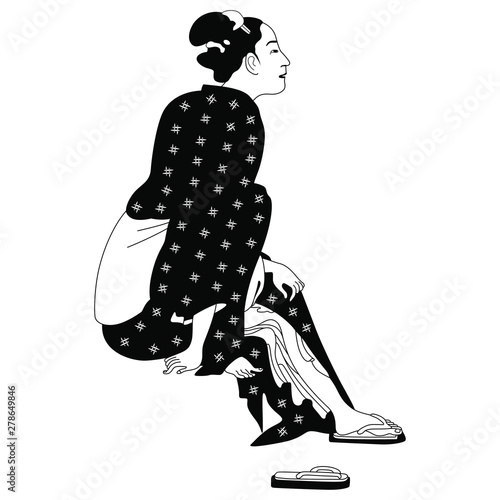 Sitting Japanese girl. Traditional style. Black and white silhouette. photo