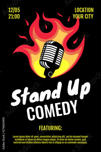 Stand up comedy night live show poster design template. Retro microphone with fire on black background. Hot jokes roast concept flyer. Vector illustration