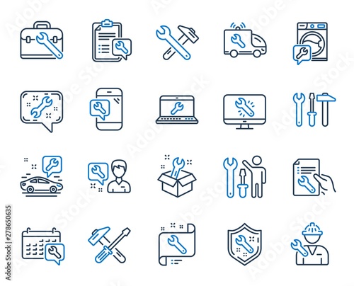 Repair car service line icons. Set of Hammer, Screwdriver and Spanner tool icons. Recovery, Washing machine repair, Car service. Engineer tool, Tech support. Spanner equipment, screwdriver. Vector