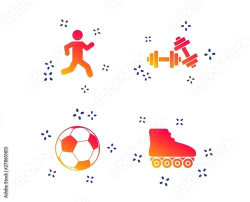 Football ball, Roller skates, Running icons. Fitness sport symbols. Gym workout equipment. Random dynamic shapes. Gradient sport icon. Vector