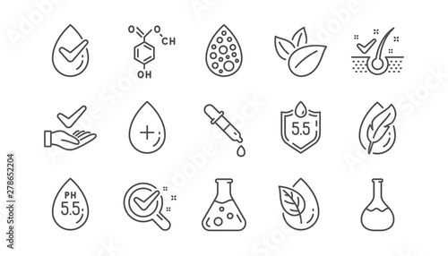 No artificial colors, Anti-dandruff flakes free line icons. Dermatologically tested, Paraben chemical formula icons. Hypoallergenic tested, Neutral ph. Linear set. Vector photo