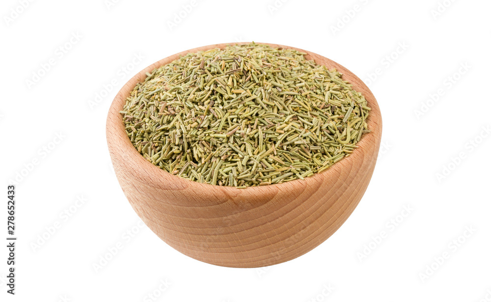 rosemary leaves in wooden bowl isolated on white background. 45 degree view. Spices and food ingredients.