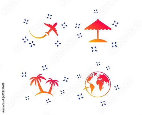 Travel trip icon. Airplane, world globe symbols. Palm tree and Beach umbrella signs. Random dynamic shapes. Gradient travel icon. Vector