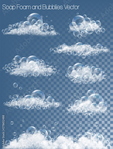 Set of transparent soap bubbles and foam. Vector
