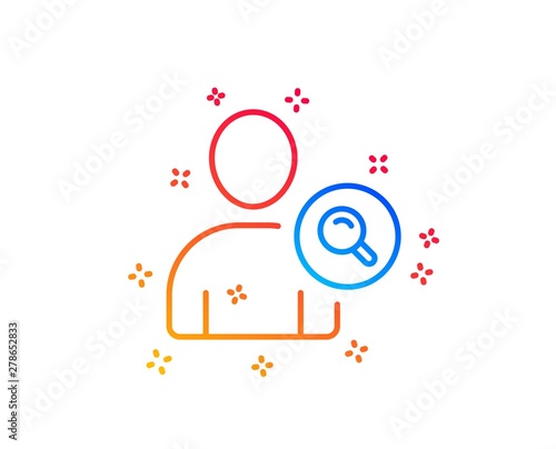 Search User line icon. Profile Avatar with Magnifying glass sign. Person silhouette symbol. Gradient design elements. Linear find user icon. Random shapes. Vector