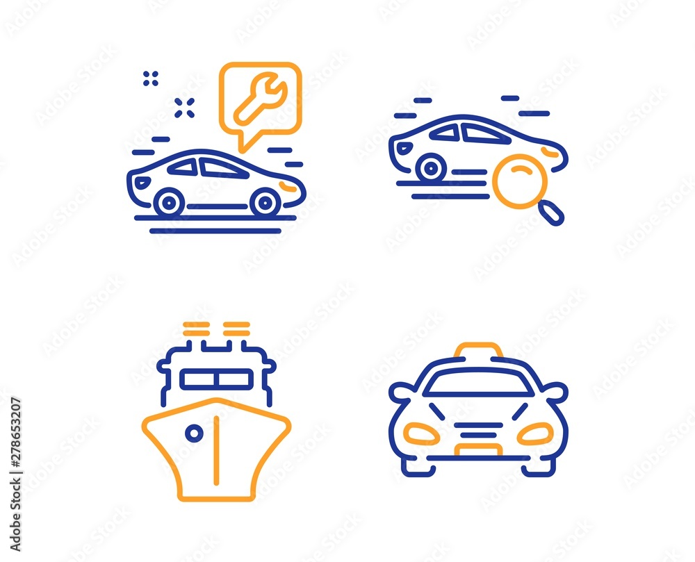 Obraz premium Search car, Ship and Car service icons simple set. Taxi sign. Find transport, Shipping watercraft, Repair service. Public transportation. Transportation set. Linear search car icon. Vector