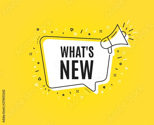 Whats new symbol. Megaphone banner. Special offer sign. New arrivals symbol. Loudspeaker with speech bubble. Whats new sign. Marketing and advertising tag. Vector photo