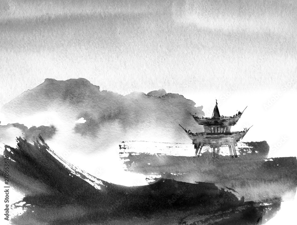 Watercolor painted chinese landscape