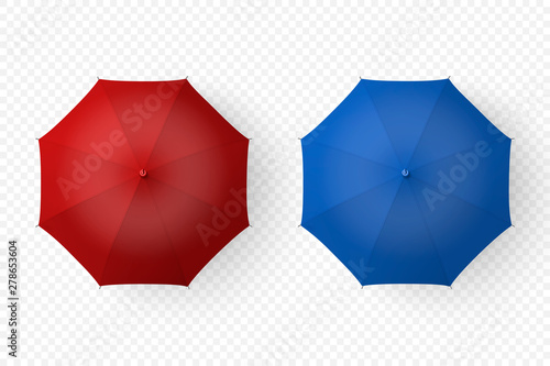 Vector 3d Realistic Render Red and Blue Blank Umbrella Icon Set Closeup Isolated on Transparent Background. Design Template of Opened Parasols for Mock-up, Branding, Advertise etc. Top View