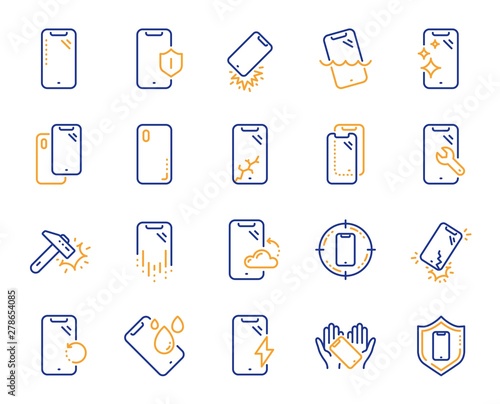 Smartphone protection line icons. Tempered glass, screen protector and water resistant. Phone cover, display glass protection and shockproof device icons. Strong smartphone. Vector