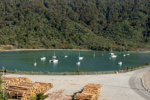 Yachts and sail boats moored in the bays in the Marlborough Sounds New Zealand