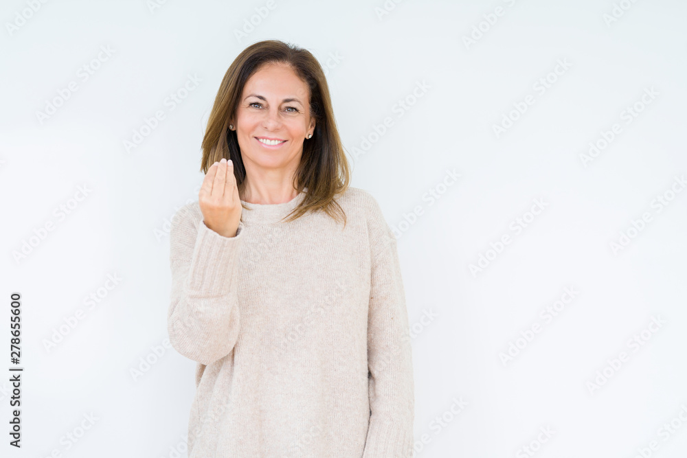 Beautiful middle age woman over isolated background Doing Italian gesture with hand and fingers confident expression Beautiful middle age woman over isolated background Doing Italian gesture with hand and fingers confident expression