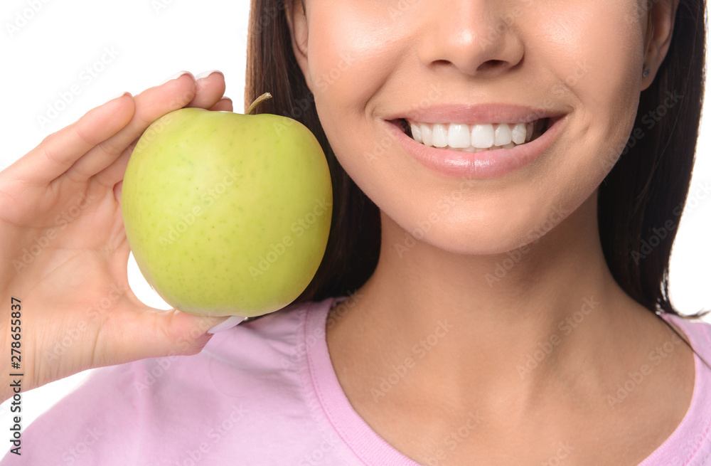 Woman with healthy teeth and apple on white background, closeup Woman with healthy teeth and apple on white background, closeup