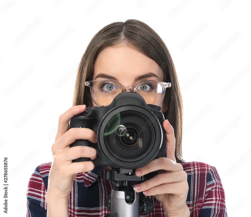 Young female photographer on white background Young female photographer on white background