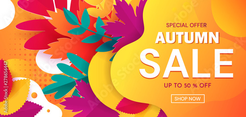 BannerColorful banner advertising an Autumn Sale with 50 percent discounts and special offers with text on abstract orange surrounded by leaves. Vector Illustration.