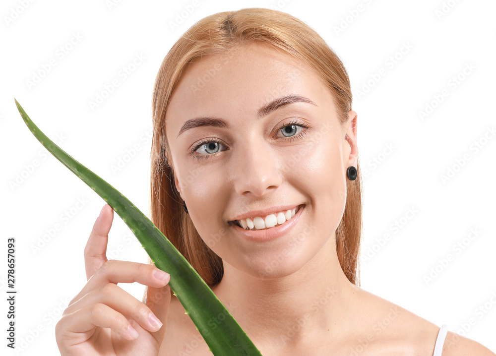 Beautiful young woman with aloe vera on white background Beautiful young woman with aloe vera on white background