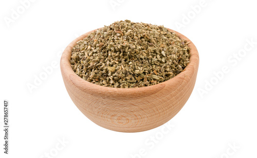 salvia or sage in wooden bowl isolated on white background. 45 degree view. Spices and food ingredients.