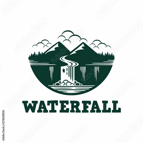 Waterfall River Mountain Forest Cloud Logo Vector