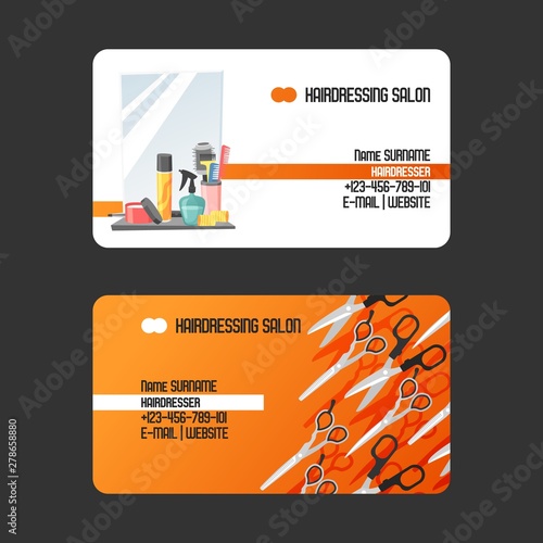 Hairdressing salon business cards vector illustration. Plastic containers bottles, tubes and jars. Mirror with shelf full of supplies for doing haircut. Combs, spray, cream.