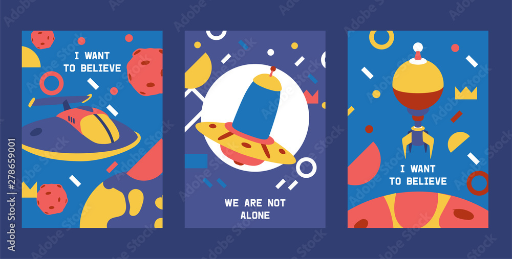 Naklejka premium Spaceships in cosmos with planets set of posters, cards vector illustration. Travel to new planets and galaxies. Space trip technology. Constellation with stars. Ufo rocket.