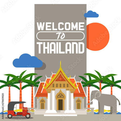 Welcome to Thailand banner. Traditions, culture of country. Ancient memorials, buildings, nature and animals such as elephant. Transport vehicle tuk tuk vector illustration.