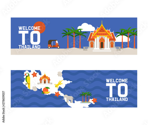 Welcome to Thailand set of banners. Traditions, culture of country. Ancient memorials, buildings, nature and animals such as elephant. Transport vehicle tuk tuk vector illustration.