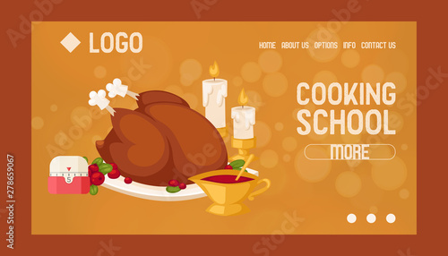 Cooking school courses online website design banner. Culinary class vector illustration. Roasted chicken with berry sauce with burning candles and timer. Noting down time.