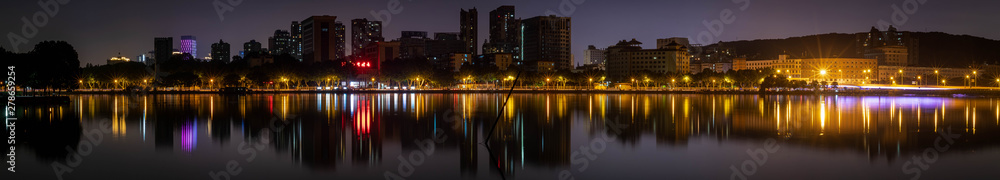 At the night time, Panoramic skyline of East lake in Wuhan city,