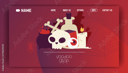 Voodoo shop banner website design vector illustration. Poisonous substances and liquids in cauldron and big bottle. Burning candle, skull with crossed bones and eyeball. Contacts.
